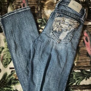Miss Me Distressed Blue Jeans with Leaf Embroidery